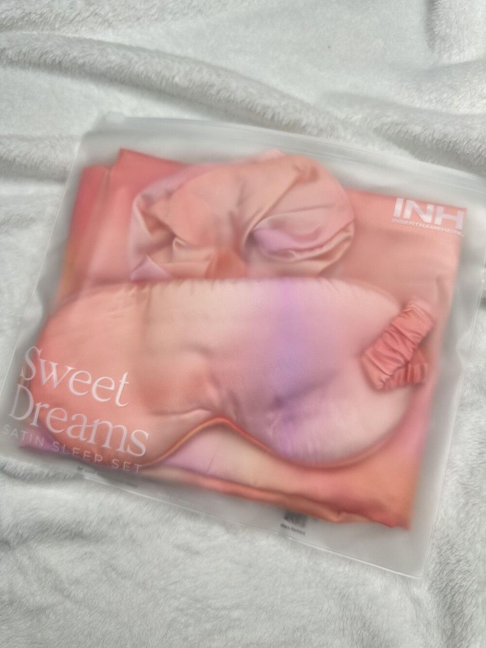 INH Sweet Dreams Satin Sleep Set Pillowcase Eye Mask Scrunchie Pink Orange New
